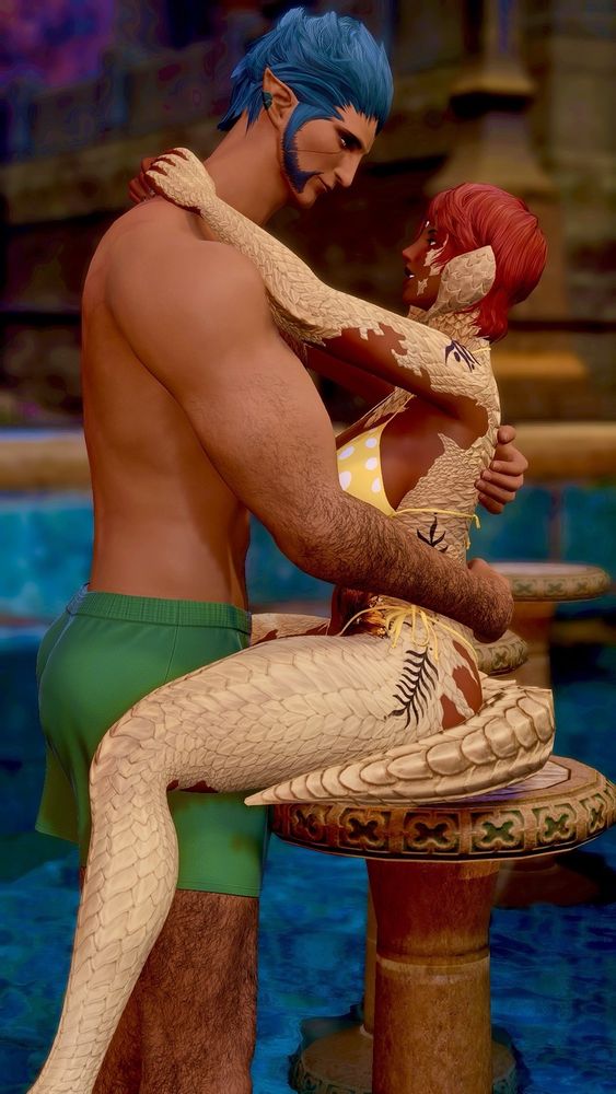 Tilla sits on one of the stools at the Goblet's pool area with her arms around Hermenost's shoulders. He stands between her legs with his own arms around her as she smiles up at him.