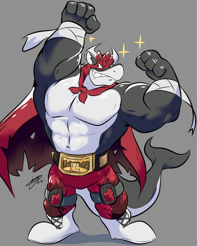 A muscular anthropomorphic bull-shark hybrid, Sol, dressed in wrestling attire while smiling boastfully and showing off his muscles