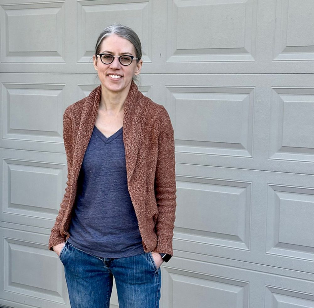 Pattern is Comfort Fade Cardi by Drea Renee Knits in Quince & Co. Wren in color way  Nueces. 

Picture is of orange tweed cardigan 