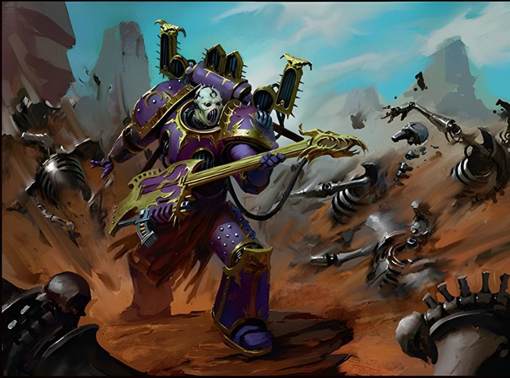 A noise marine from warhammer 40k destroying some necrons with the aforementioned noise