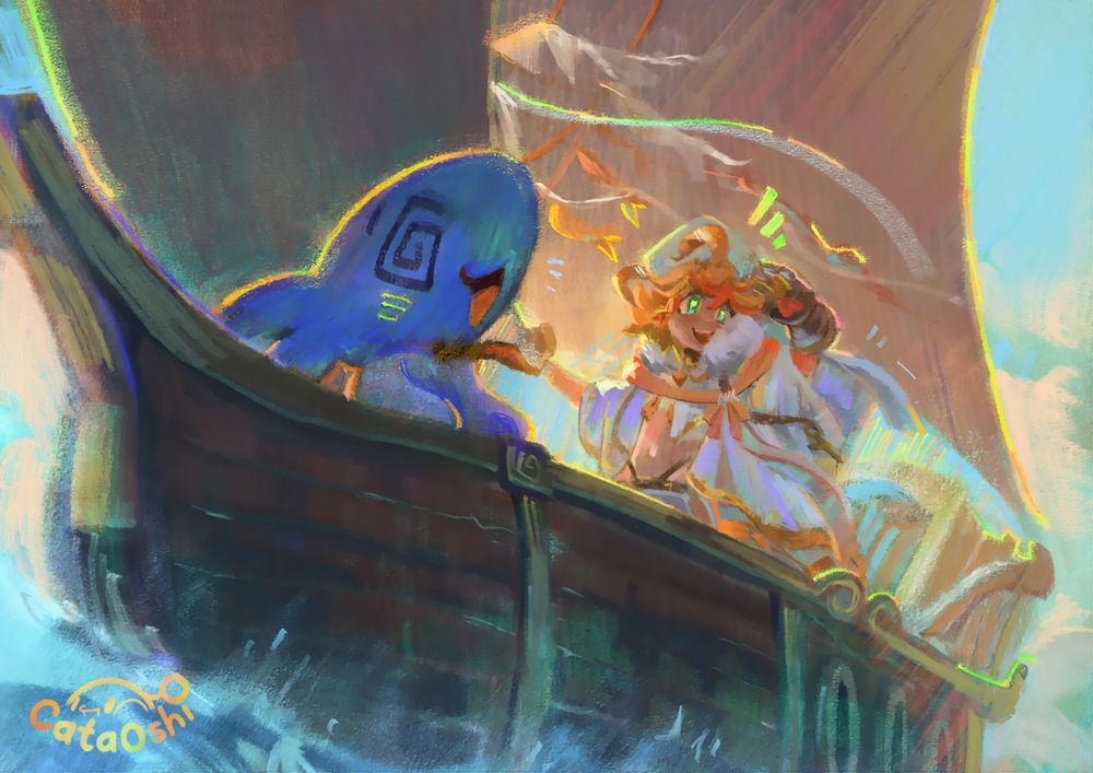 It is a vibrant fantasy illustration of a young girl and a blue fishy creature on a ship during a stormy sea.