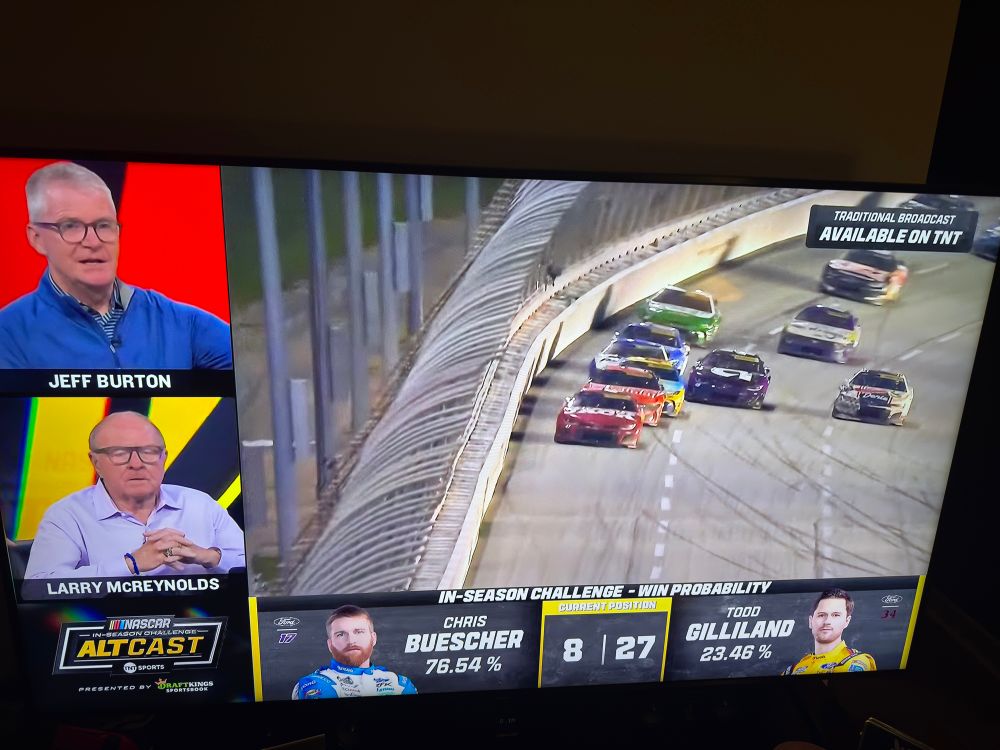 Graphic from the TNT AltCast that focused on the in-season bracket challenge. The graphic shows Chris Buescher has a 76.54% probability of winning the bracket against his challenger Todd Gilliland. 
