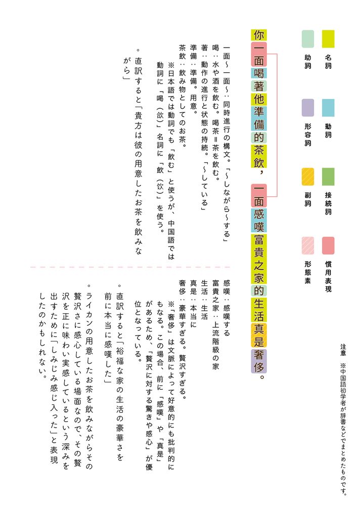 你一面喝著他準備的茶飲，一面感嘆富貴之家的生活真是奢侈。

一面〜一面〜：同時進行の構文。「〜しながら〜する」
喝：水や酒を飲む。喝茶＝茶を飲む。
著：動作の進行と状態の持続。「〜している」
準備：準備。用意。
茶飲：飲み物としてのお茶。
※日本語では動詞でも「飲む」と使うが、中国語では動詞に「喝（欱）」名詞に「飲（饮）」を使う。

直訳すると「貴方は彼の用意したお茶を飲みながら」

感嘆：感嘆する
富貴之家：上流階級の家
生活：生活
真是：本当に
奢侈：豪華すぎる。贅沢すぎる。
※「奢侈」は文脈によって好意的にも批判的にもなる。この場合、前に「感嘆」や「真是」があるため、「贅沢に対する驚きや感心」が優位となっている。

直訳すると「裕福な家の生活の豪華さを前に本当に感嘆した」
ライカンの用意したお茶を飲みながらその贅沢さに感心している場面なので、その贅沢を正に味わい実感しているという深みを出すために「しみじみ感じ入った」と表現したのかもしれない。