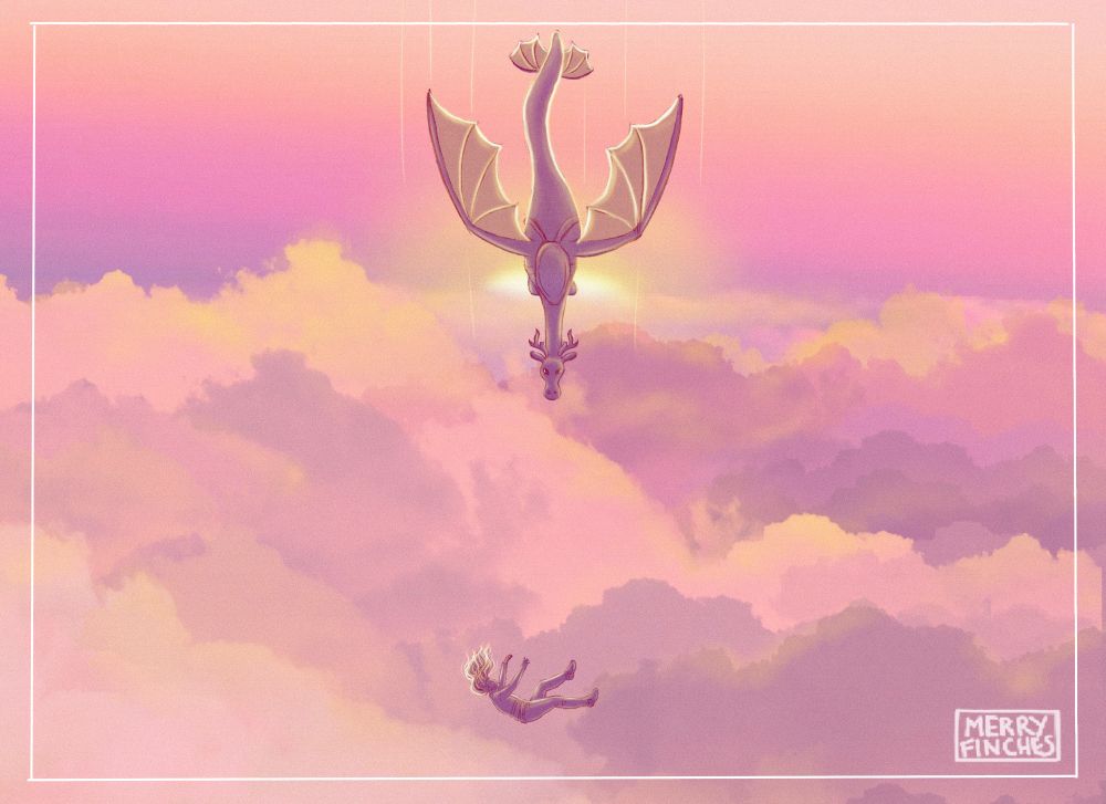 Digital art of a pink sunset sky above the clouds, the small silhouette of a man is falling, and a large purple dragon is diving down towards him