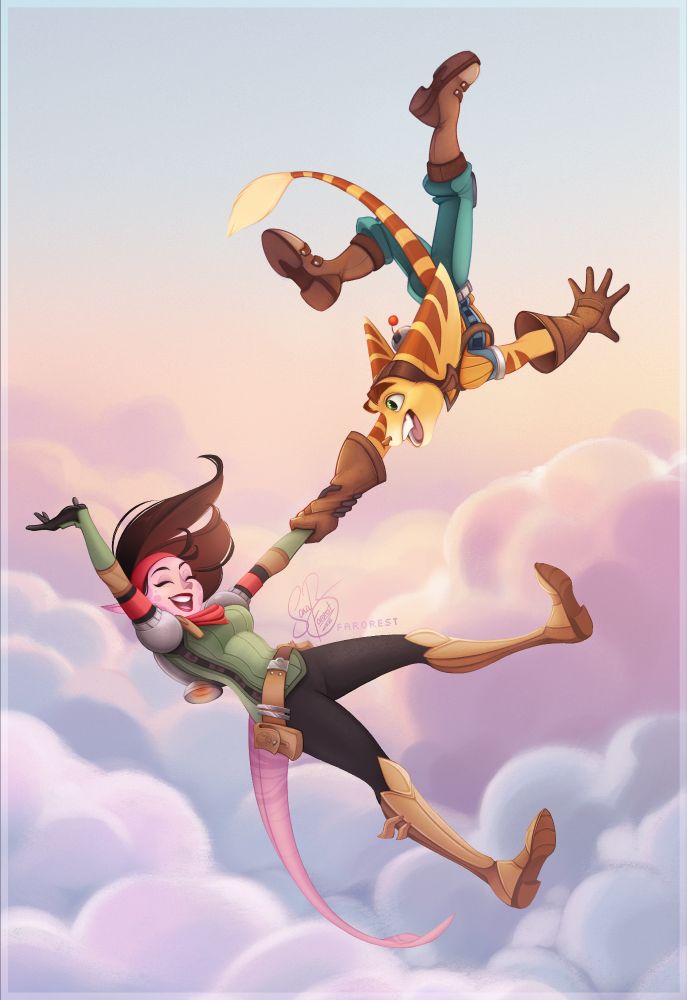Ratchet, Clank, and Talwyn Apogee pictured having fun free-falling in a sunset.