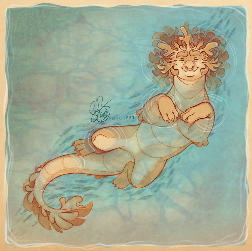 sea dragon bathing in water as a school of fish swims beneath them