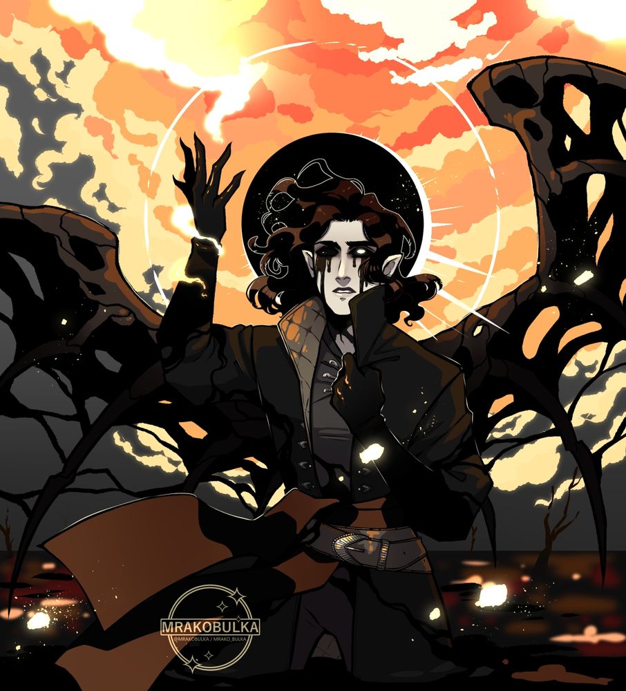 A man dressed in black is standing submurged into a tar-like substance up to his hips. Same substance is elveloping his arms and torso and seems to pour out of his blackened eyes. One of the eyes is completey covered with black, but the other eye's iris is shining a cold yellow glow. There is a halo behind his head resembling solar eclipse. Boney wings with ripped black membranes grow out of his back. The man is reaching up to the sky that is engulfed in bright orange flame.