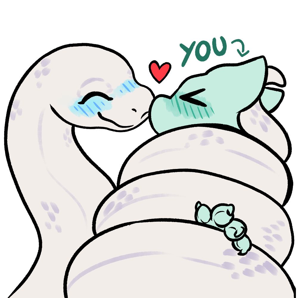 Illustrated sticker of a snake wrapping someone in a tight hug and smooching them