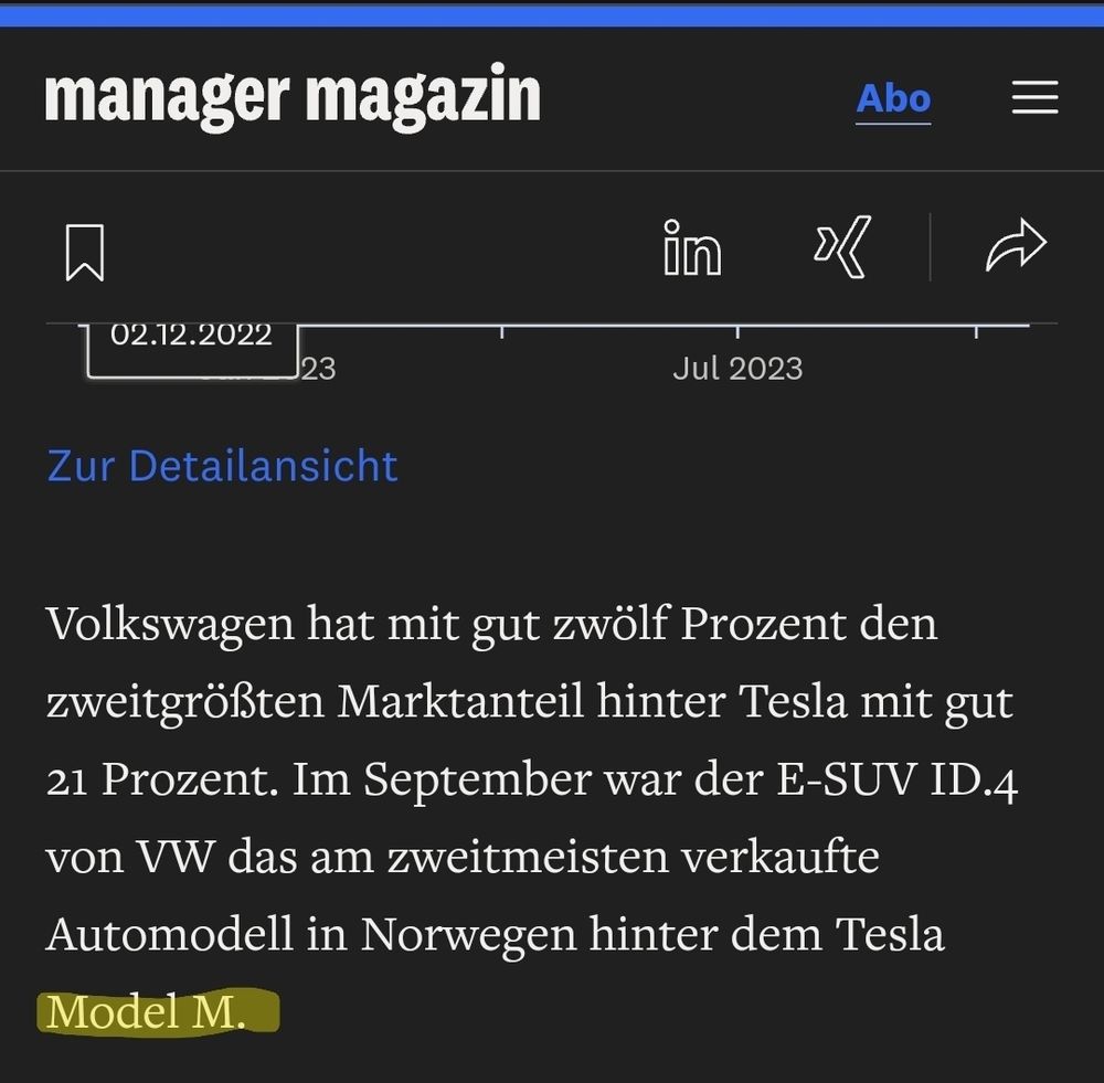 Ein Text vom Manager-Magazin, in dem von einem Tesla Model M gesprochen wird