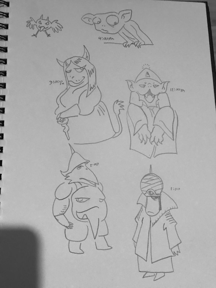 Pencil doodles of various little monsters. Correspond to the hours of noon-4:00PM