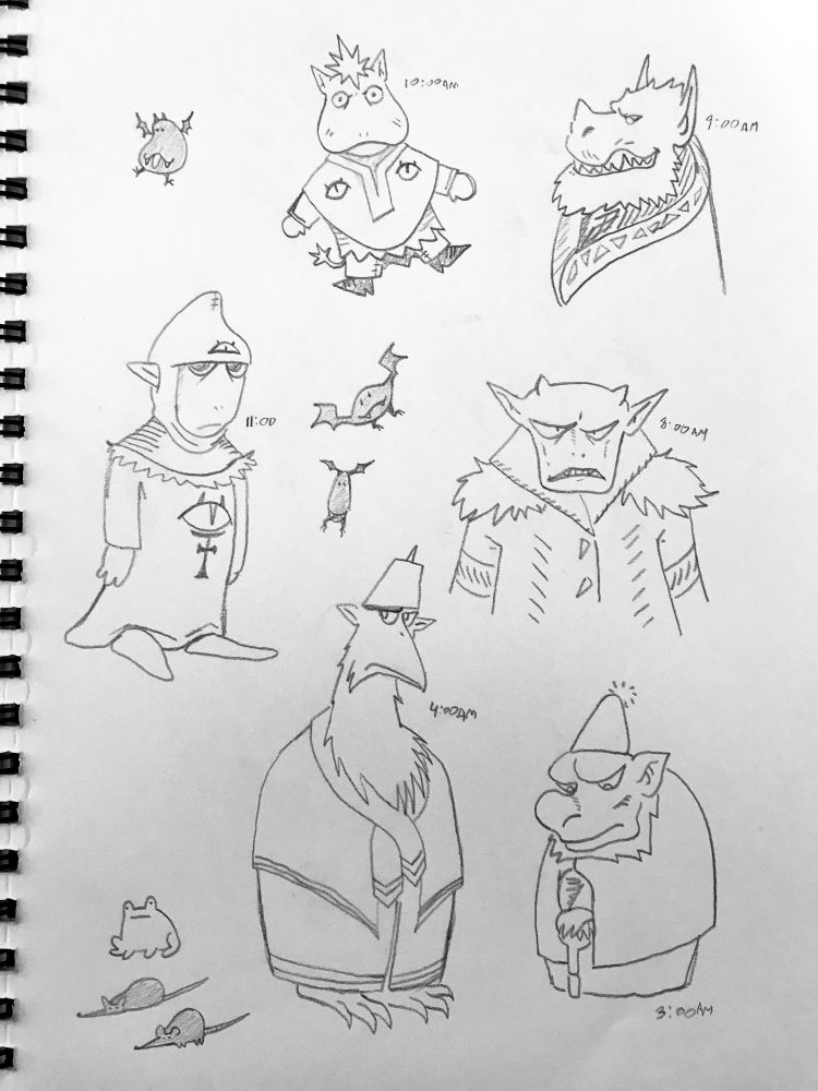 Pencil doodles of various little monsters. Correspond to the hours of 8:00-11:00AM