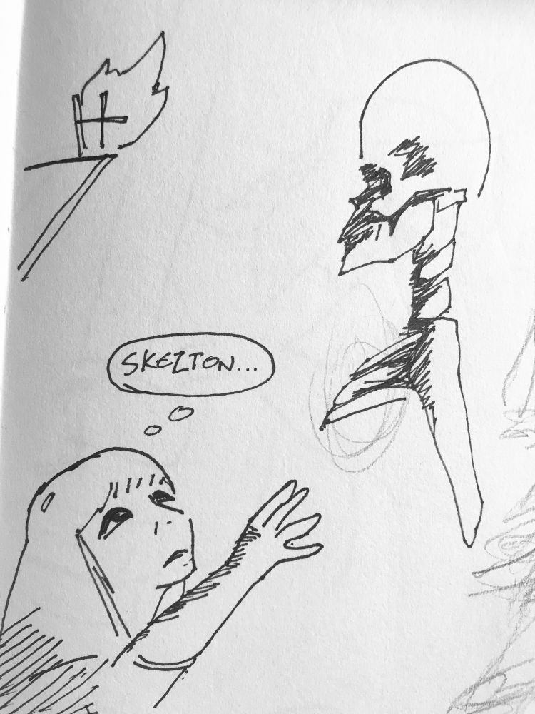 Pen doodle, woman reaches longingly toward a bust of a skeleton in profile. Her thought bubble reads “skelton…”