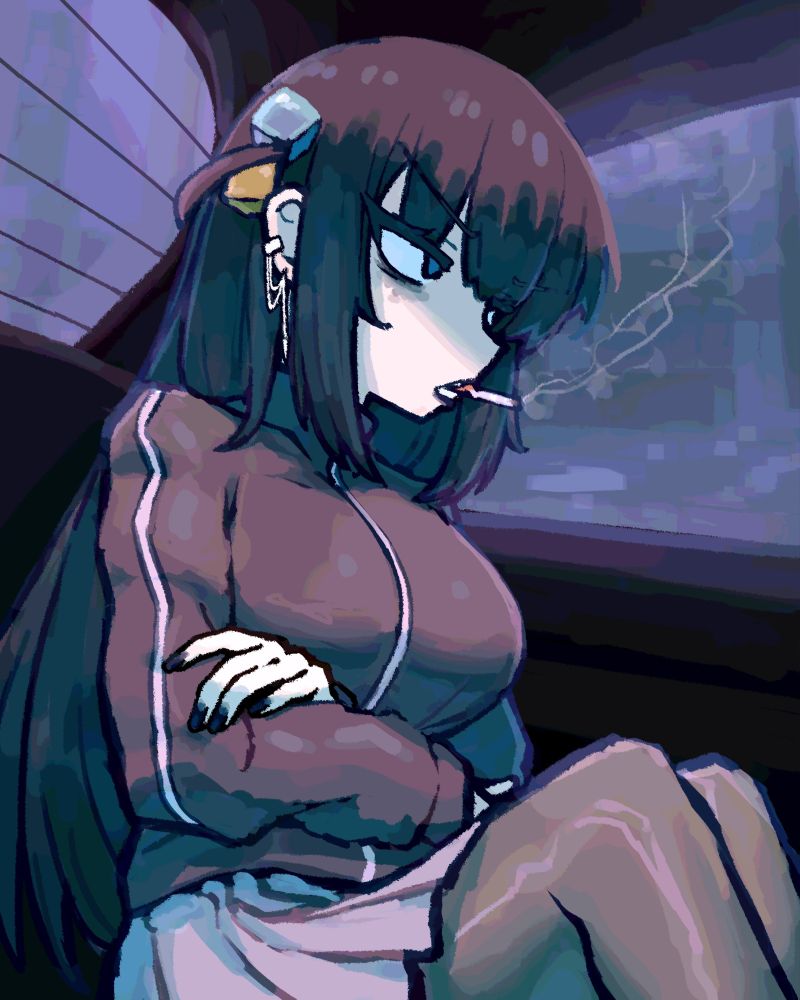 Bocchi from Bocchi the Rock with black hair, clothes, and painted nails applicable to the goth aesthetic; smoking a cigarette in the back seat of a vehicle.