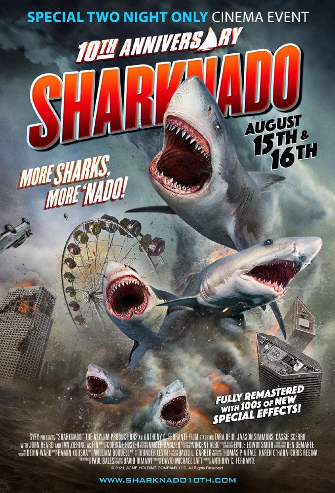 Affiche du 10e anniversaire de Sharknado. On y voit des requins blancs, une tornade, une grand roue, des immeubles en feu et une voiture qui vole à l'envers.