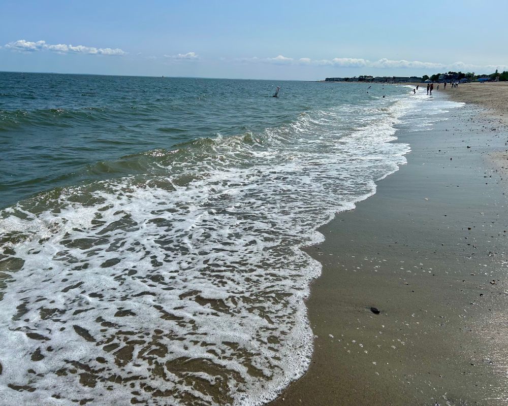 Photo of blue-green sea water coming in from left to right on a wet sandy beach with a blue sky and far way clouds above. 