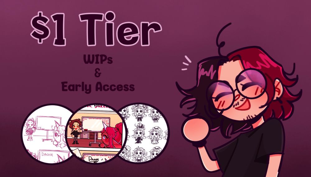 Kofi membership banner, it has a purple gradient background, dark purple text reading; "$1 Tier. WIPs and Early Access." and three overlapping circles beneath it with different illustrations in them.

To the right is a chibi drawings of me, I am depicted with a short split-dyed bob haircut, the right side red and left side black. I am wearing round glasses, a black t-shirt and black bracelet. My eyes are closed and I'm smiling and waving.