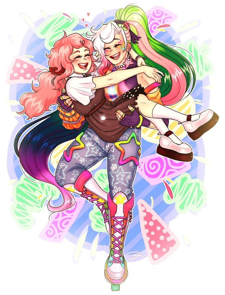 An illustration of two OC's on an abstract blue background with different colours and shapes. 

The taller, buff character has long multicoloured hair, starting at white in the bangs and going from green, blue, purple and pink. Their torso is obscured by the shorter character they're holding princess style, she has pink hair in low piggytails with red scrunches.

She is wearing a white shirt with a dark dress that has a city silhouette along the bottom hem. She has white socks that go up to mid shin and chunky pink shoes with dark red soles.

The taller character is wearing blue jeans with rainbow stars in the thigh and lighter blue stars scattered along the rest of the material. They are wearing white, knee high roller skates with rainbow accents and pink laces.