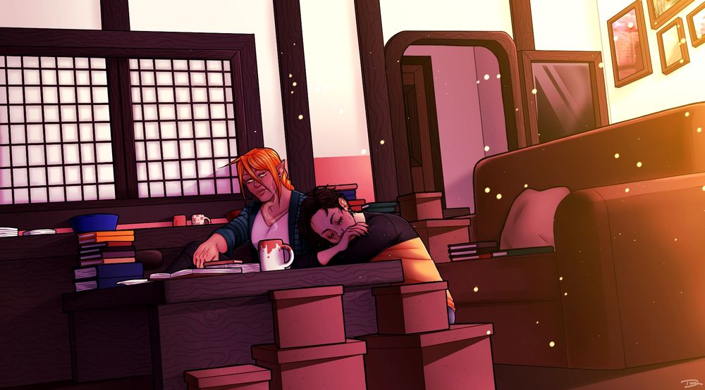 An illustration of my vaemon OC Damien and demigod OC Danny in a small apartment sitting on the floor, at a coffee table.

The shot is at a very slight dutch angle with some small brown boxes in the foreground, just in front of the dark brown coffee table. There is a cream mug with a light brown drippy pattern, and open book, a stack of loose paper and stack of books atop the coffee table. 

Danny is resting his elbows on the table and most of his bottom half is obscure by the table and boxes. He has pale skin, short brown hair and is wearing a yellow and black baseball tee and blue jeans, his eyes are closed. Damien is just behind him, a majority of his lower half is obscured by Danny and the table. He has tan skin, gold eyes, long blonde hair done in a braid and he's wearing a white, v-neck shirt with an open, flowy, green, long sleeve shirt over it. He is lookin at Danny with a soft smile, one of his arms leaning on his knee.

Behind them is the far wall with a window to the kitchen that's closed, one the counter is two stacks of platers, a large blue bowl, two mugs, a red bowl and another stack of books. On the same wall is an open archway to the kitchen, the pantry door is slightly visible.

Directly behind Danny and Damien is the couch, it has one pillow, a stack of books and two boxes on it. On the wall behind it and beside the archway to the kitchen is a mirror and four framed paintings. There is bright, yellow lighting coming from the upper right corner of the piece and dark shadows are being cast from everything in the room, leading down to the bottom left of the piece.