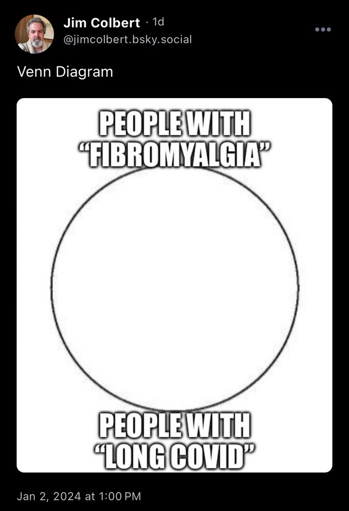 Screengrab of a skeet by user jimcolbert.bsky.social. Text reads: “Venn Diagram” followed by a photo of a circle with the text “People with ‘Fibromyalgia’… People with ‘Long COVID’”