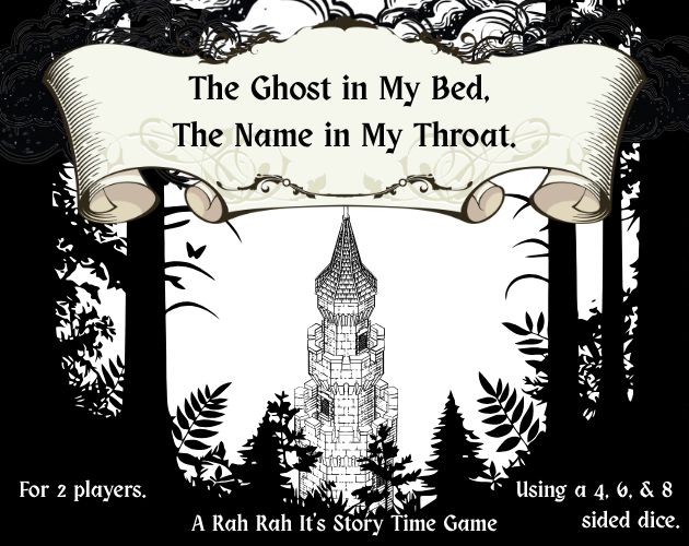 The Cover of The Ghost in My Bed, The Name in My Throat. A short two player game. The cover shows a tower with a dark forest around it.
