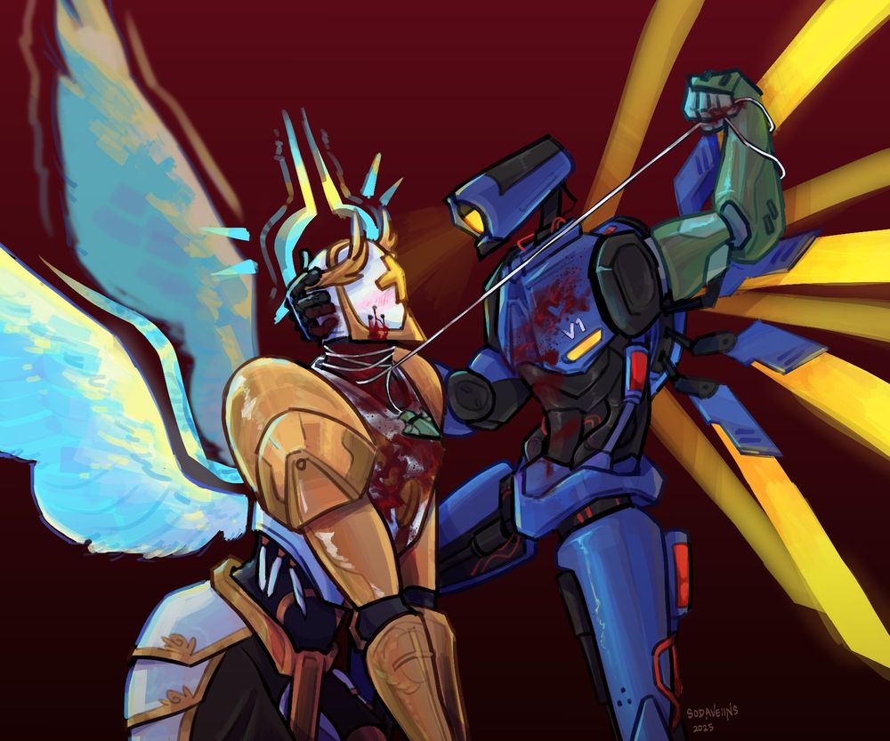 Gabriel kneeling before V1 with ecstasy wings, looking up into the light of V1's optic. V1 is pulling the whiplash cable which is wrapped around Gabriel's neck. Both are covered in blood.
