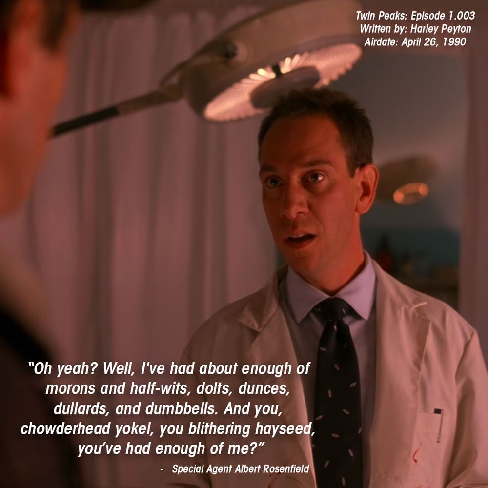 Albert Rosenfield speaking with Sheriff Truman at the Twin Peaks Morgue