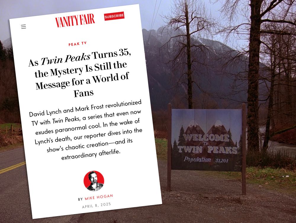 Vanity Fair article snippet against Welcome To Twin Peaks sign spot location 