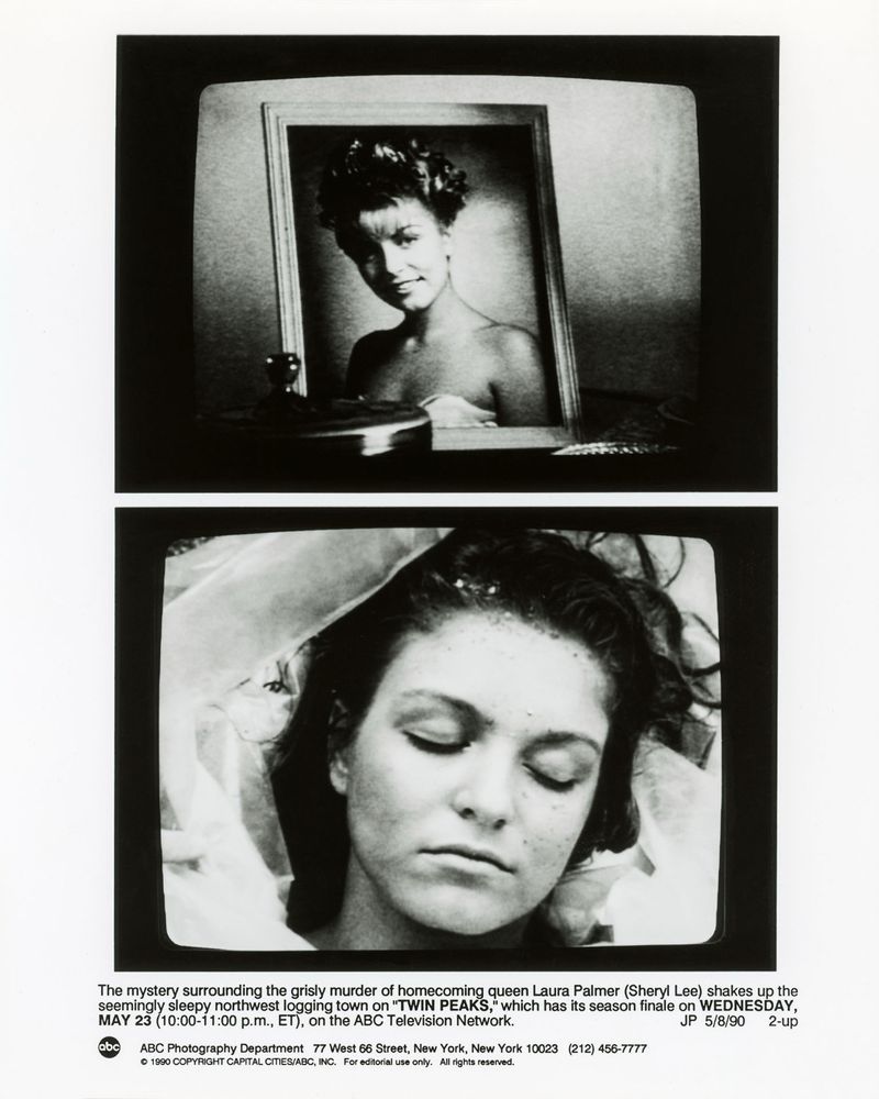 Black and white publicity photo containing two images of Laura Palmer from Twin Peaks