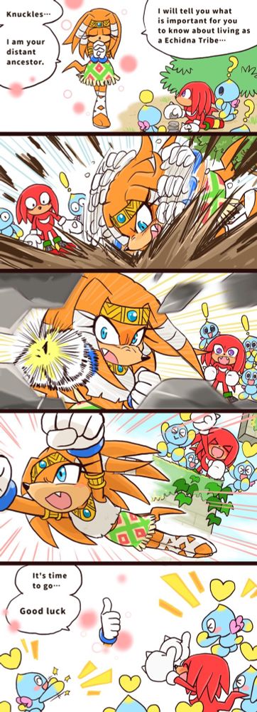 A comic starring Tikal and Knuckles the Echidna. She shows him how to dig, punch and glide, before fading away.