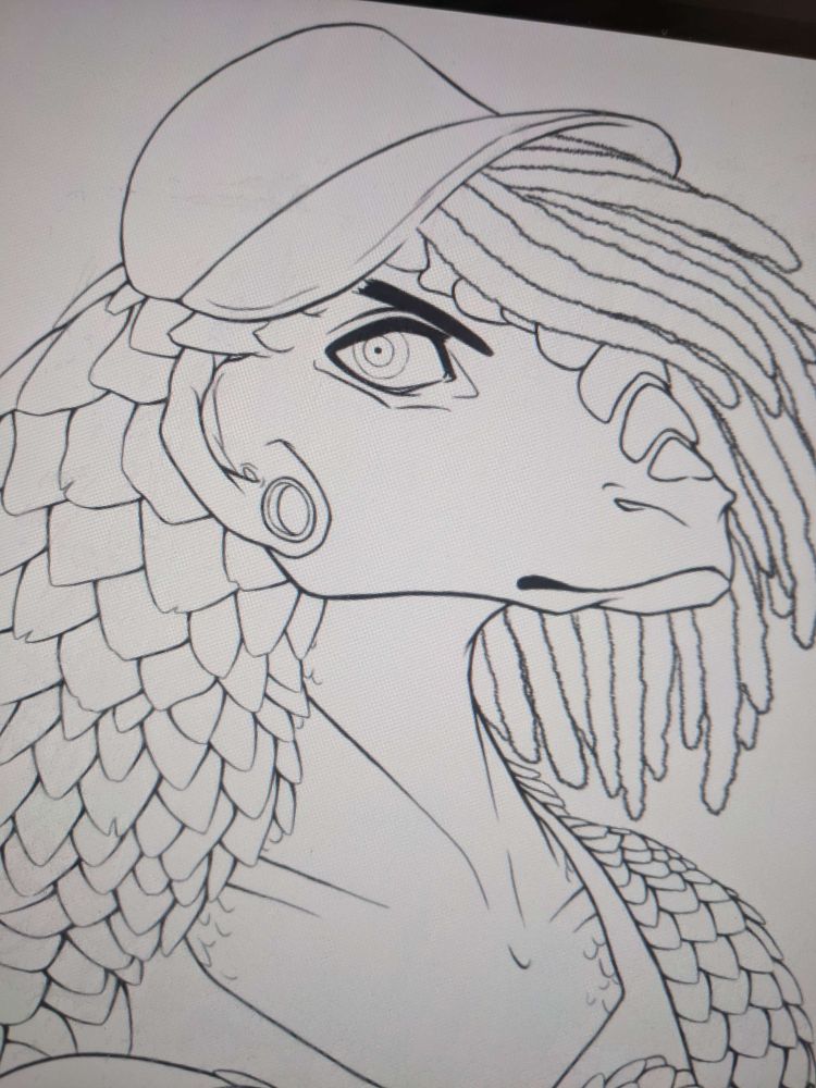 Hard pencil art lines of a anthropomorphic pangolin wearing a baseball cap with dread locks standing at a 3/4 angle. 