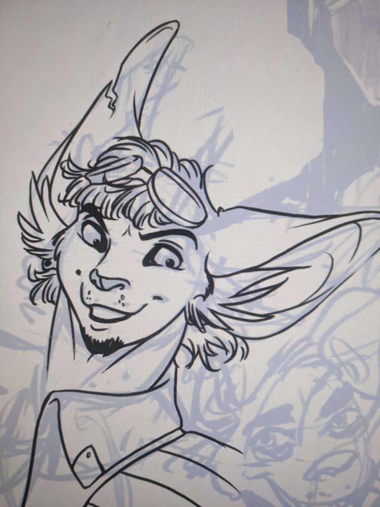 WIP (Work in Progress) digital ink linework on the character known as "Dusty Harte" a coyote with a short muzzle and large ears.  He carries a cunning smile, wears goggles and has a small bit of damage to his right side ear.  A character featured in an RP environment known as Top Shelf 2434.