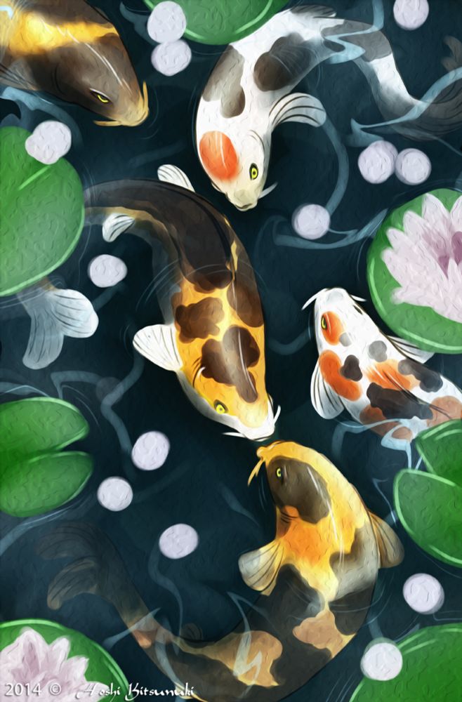 A digital painting of decorative koi fish swimming just below the surface of water on a lily pad covered pond.