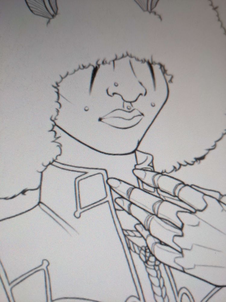 A linework WIP drawing of a POC moth puppet jester girl with piercings and an afro hair style. View is 3/4 side with her hand raised and fingers visible against her neck and collar.