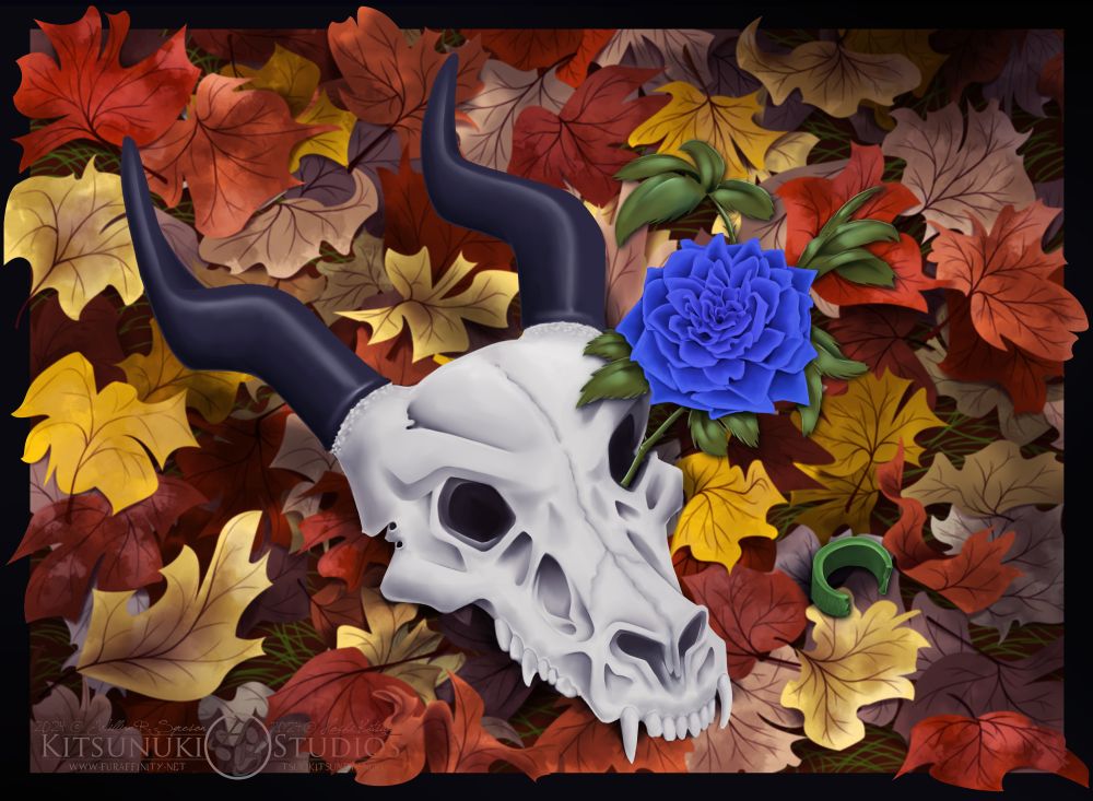 Original art commission of a dragon skull with black horns laying on a bed of fall leaves.  A blue rose is growing out of the eye socket of the skull.  Leaves are browns, golds, oranges and yellows.  Next to the skull is the broken horn ring normally worn by the dragon on his left side.