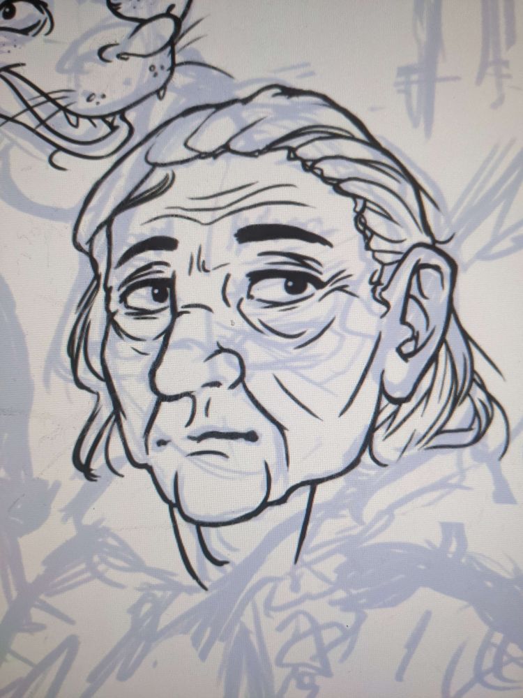 WIP (Work in Progress) digital ink linework for the character Siofra.  A haggard old fae woman with worn features and tired eyes.  She has long hair, dark eyebrows and a large nose.  She is a character featured in the RP known as Top Shelf 2434.