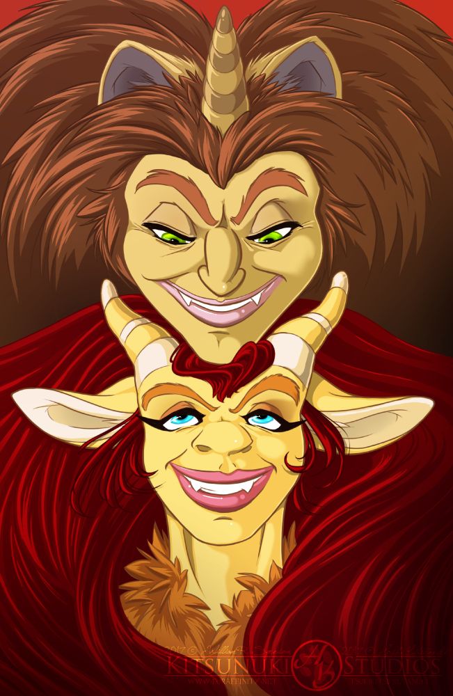 Fan art of two characters from the show "Big Mouth".  Maurice and Connie, the Hormone Monsters.  Maurice is placing his head on top of Connie's, looking down at her while she's looking up at him.