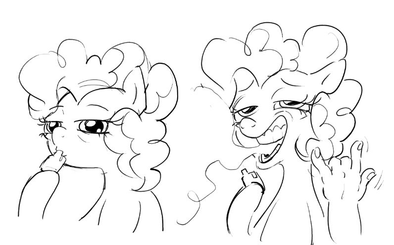 a sketchy 2 panel doodle of pinkie pie sucking on a vape cart and then looking straight into the camera and doing a "hang loose" hand sign as vapor pours out of her open mouth.