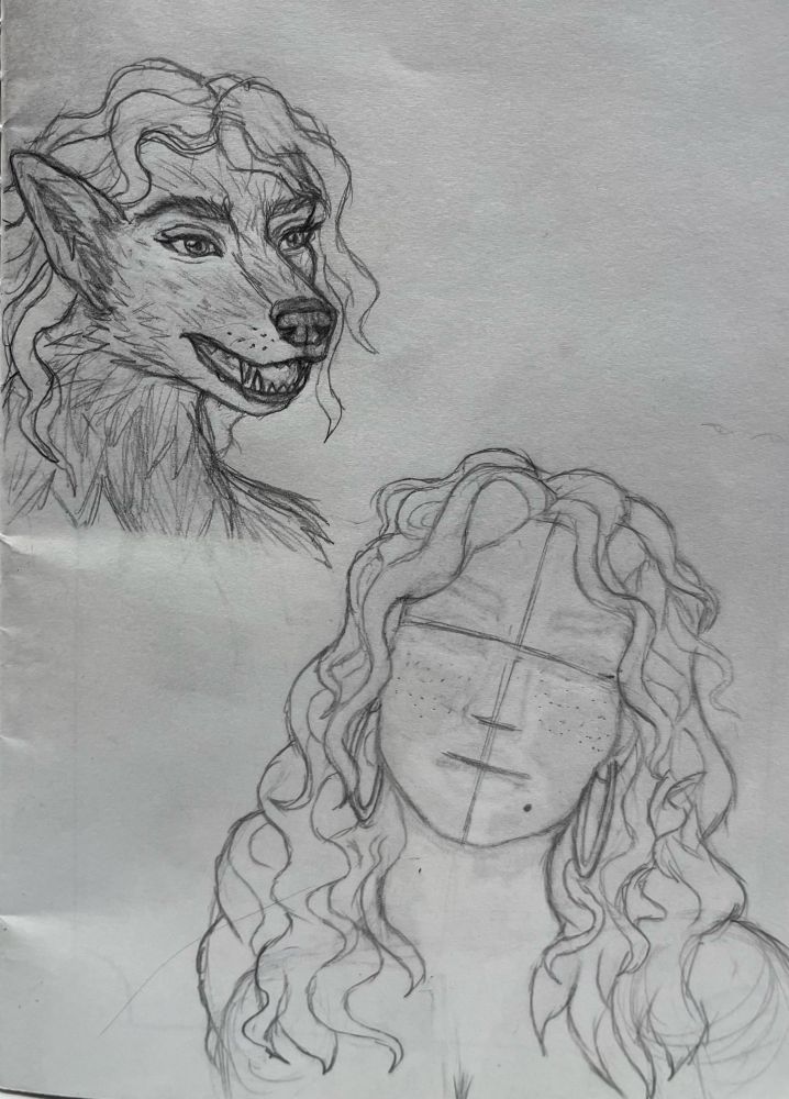 A study of a character with a finished sketch and a half done sketch. In the upper left hand corner is a sketch of a werewolf woman, canine faced and furry, with curly wavy hair. In the bottom right hand corner the same character is half finished in her human form. Her curly wavy hair is fully rendered, frames her face and falls over her shoulders. She has freckles on her cheeks and is wearing large hoop earrings. Her face is just crossed lines indicating to the artist where facial features should go.
