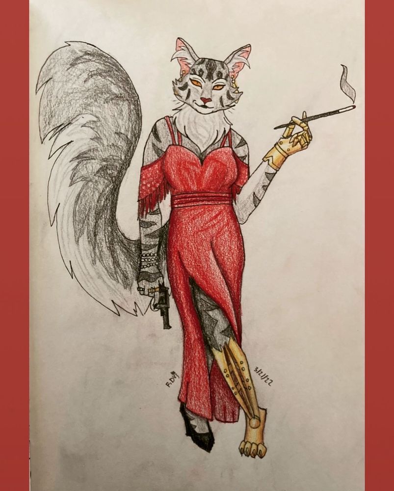 An original drawing I’ve made of an anthropomorphic female cat character I’ve named Sycavity. She is gray and covered in dark gray stripes. She is very fluffy represented with long fur off her cheeks, neck, ears, and tail. She is wearing a scarlet evening gown. Her left hand is a gold prosthetic hand and is holding a long cigarette holder. In her right hand she’s holding a gun to represent her job. Her right leg is replaced up to the knee with a golden prosthetic calf and foot. 