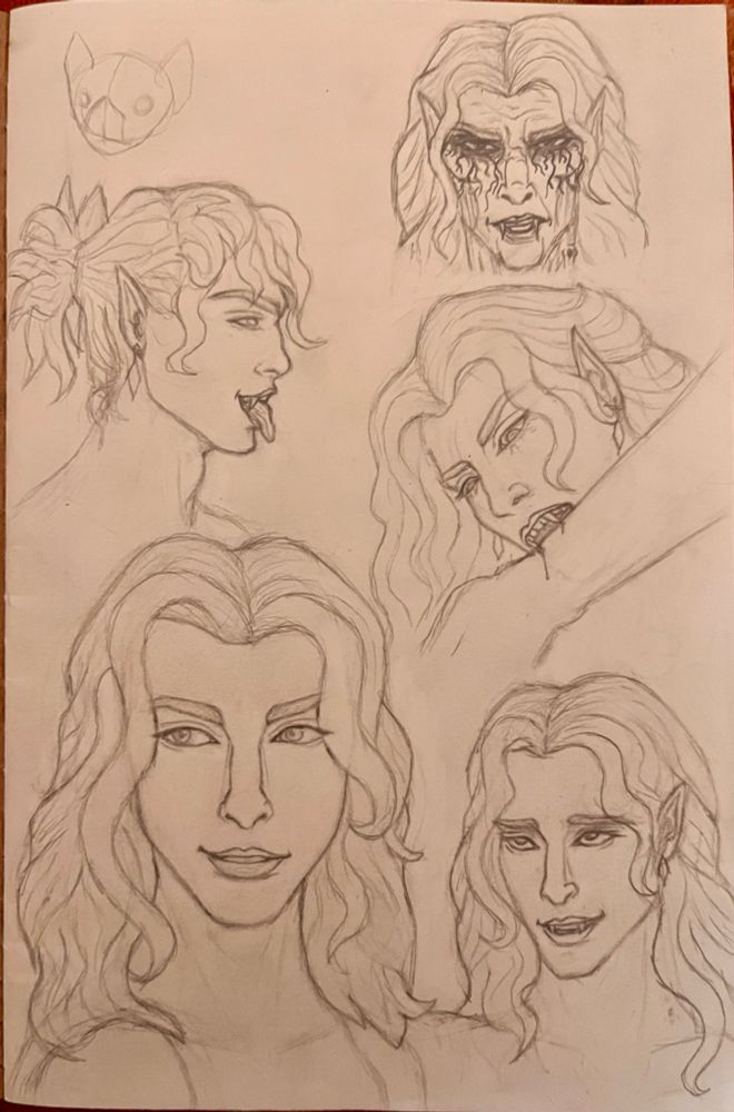 Five sketches of a male vampire character with pointy ears and wavy hair. In the bottom left, he’s looking away from the camera like someone just got his attention. On the bottom right, his head is tilted slightly downwards so that he can look up flirtatiously. In the middle right, the camera shows a view from under a mysterious person’s wrist. The vampire’s face is over it, about to bite. In the middle left the character is depicted from the side with his hair tied up messily, showing his profile with his tongue sticking out playfully. In the upper right the vampire looks angry with dark eyes and shriveled corpse skin. His teeth are bared in a snarl.