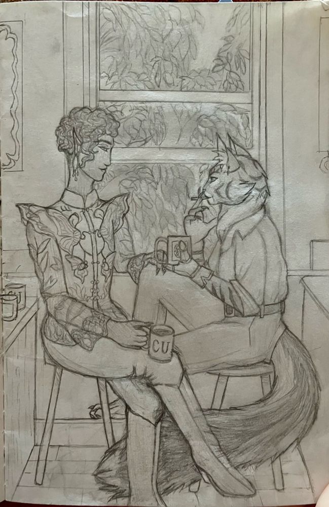 Two characters in a kitchen scene. There is a window behind the two characters in the center of the piece. The character on the left is facing the character on the right. They are humanoid with pointed ears, short curly hair, a long nose that’s close to the face, and darker skin. Their left hand is on the other character’s knee, and their right hand is resting on their own knee holding a cup that has the letters C and U on the side. The character on the right is an anthropomorphic cat with long fur. She is turned towards the window. In her right hand she holds a cigarette, and in her left hand she holds a coffee cup from its base. The cup has a university crest on it. The scene is a quiet moment between two friends.