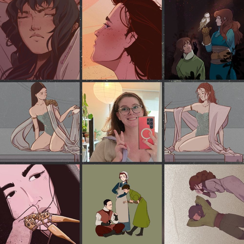 Compilation of character artwork around photo of the artist.
