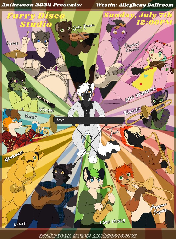 A poster advertising the disco music show at Anthrcon featuring some of the players.