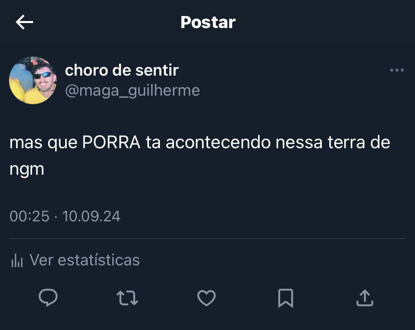 tweet da minha antiga conta com o texto “mas que PORRA ta acontecendo nessa terra de ngm”