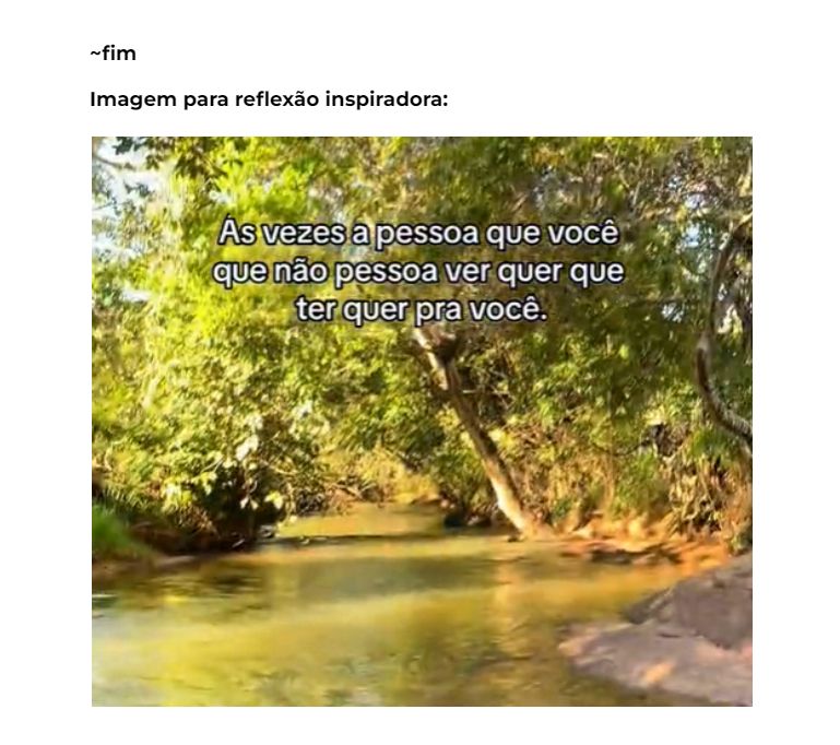 print de um documento com o texto: fim, imagem para reflexão inspiradora. Abaixo deste texto, há uma foto de uma paisagem com um rio calmo, vegetação exuberante sob uma luz do sol amena. Na imagem, o texto: às vezes a pessoa que você que não pessoa ver quer que ter quer pra você