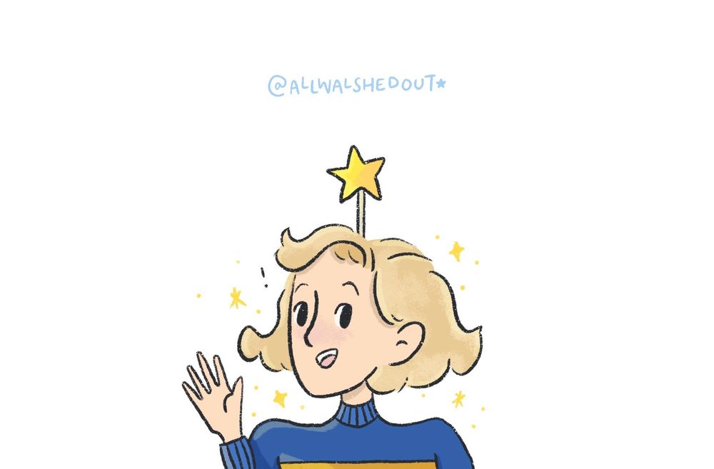doodle of 13th doctor waving. she has a star headband on. 