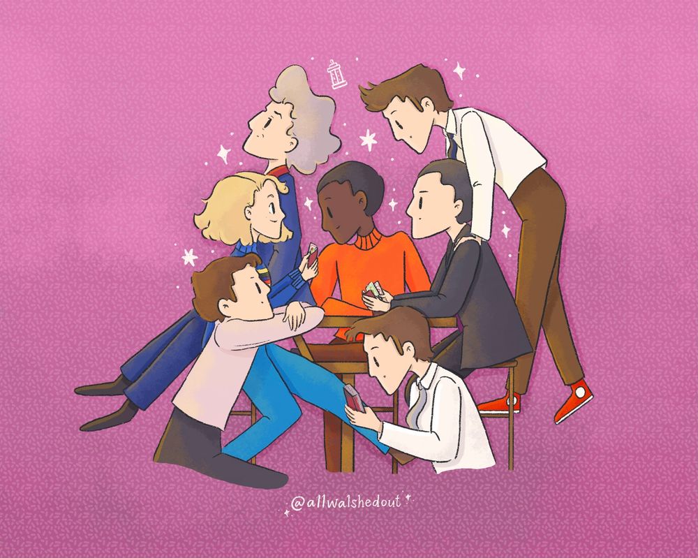 drawing of the 9th-15th doctors around a table playing uno 
