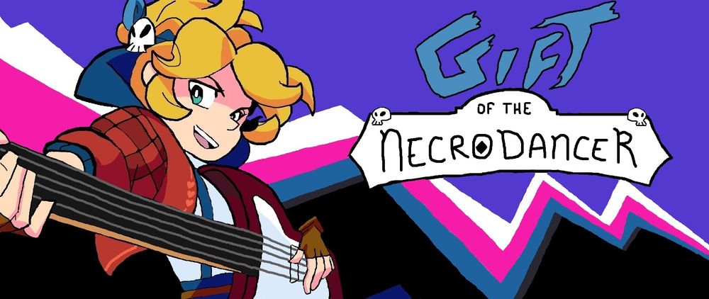 Version finale du dessin. Cadence (blonde, un ruban avec une petite tête de mort dans les cheveux, veste rouge à carreaux) joue de la guitare électrique. À la droite du dessin, on lit Gift of the NecroDancer, avec la police d'écriture de Rift of the NecroDancer