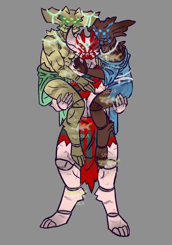 a pink alien man wearing a red scrappy loincloth skirt thing with red face paint carrying both a tan alien man wearing a green loincloth skirt thing with green face paint and a dark reddish brown alien man wearing blue robes with blue face paint