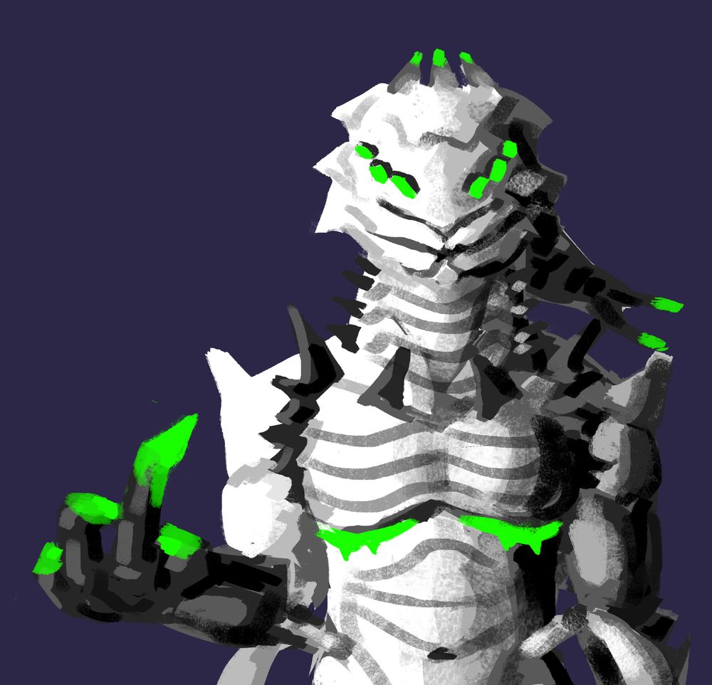 monochromatic black and white with green art of a spiky insectoid alien man with 6 eyes and 5 jaws